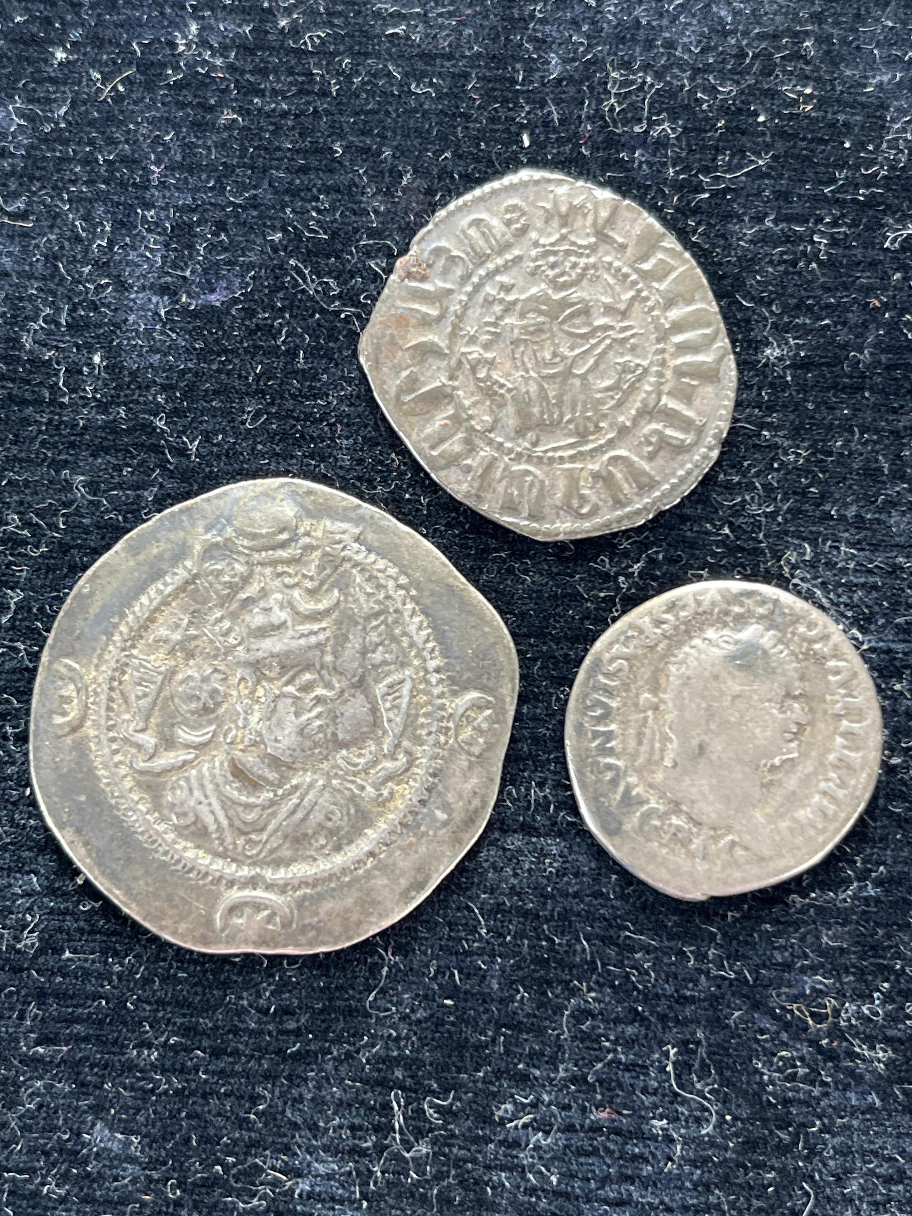 Persian coins, Sassanian Empire, AR Drachm, Kavad I (488-531AD), approx 4g, Roman, Vespasian AR denarius, 3.3g, Armenia, Levon I (1198-1219), AR tram, 3g